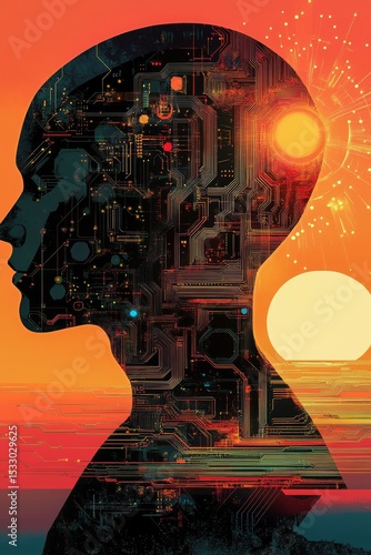 Silhouette of a head filled with circuit board against a sunset sky.