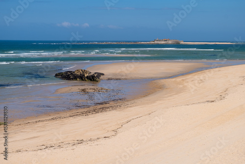Panoramic view of Praia de Moledo beach and Forte da Insua fortress. Municipality of Caminha, Portugal.