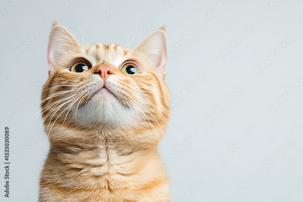 Obraz premium Ginger Cat Looking Upward: A charming portrait of an orange tabby cat gazing intently upward with wide, curious eyes against a simple light backdrop.