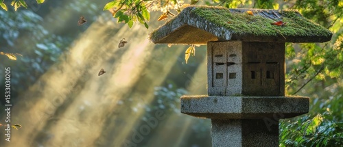 Stone lantern covered in moss stands in a forest with sun rays.