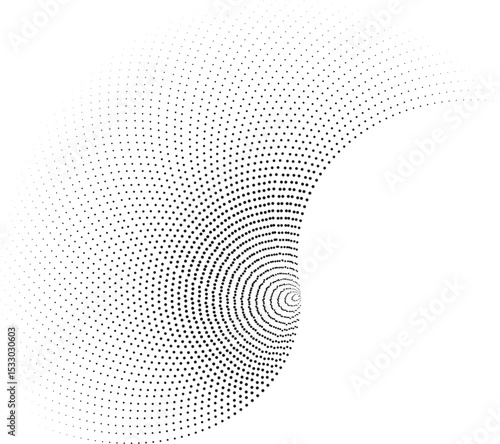 Semi-circle with long regular dotted rays forming a vortex pattern.