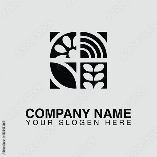 Abstract logo design featuring stylized leaves, seeds, and curved lines, isolated on white background