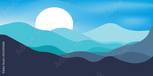 Mountain colors, with translucent wave blue background, sunset, abstract glass shapes, modern background, illustration design