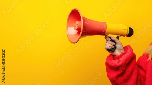 Person holding a megaphone against bright yellow background