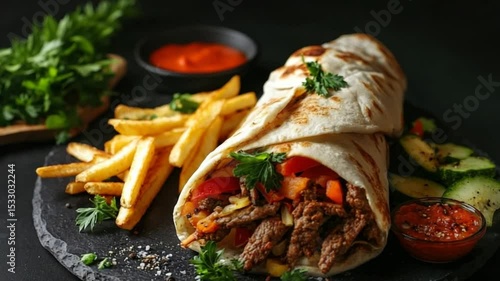 Savory Shawarma Wrap with Crispy Fries and Fresh Vegetables on a Dark Stone Plate
