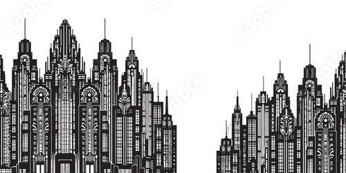 Vintage Art Deco Skyscrapers Vector – Black Silhouette with Tiered Rooftops & Symmetry