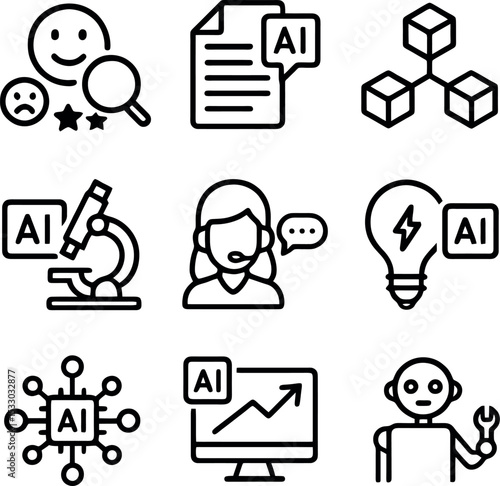 Outline AI icons with sentiment analytics, blockchain, scientific research, customer chatbot, AI-driven business insights, and maintenance robotics.