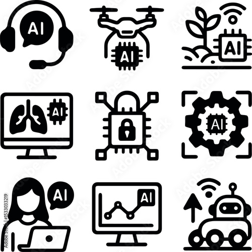 Icons illustrating healthcare monitoring, pharmaceutical AI, assistive robotics, voice technology, cloud data, and industrial automation.