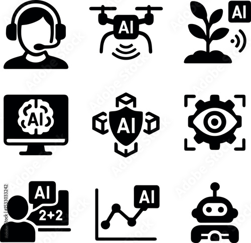 Minimalist outline icons featuring human-AI integration, robotic automation, cognitive technology, and neural networks.
