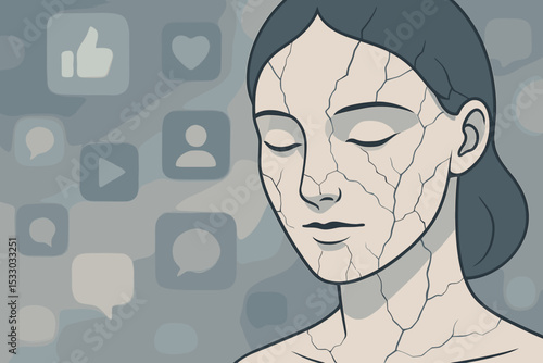 Cracked face of woman over social media icons background symbolizing emotional burnout and pressure