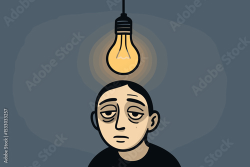 Exhausted man under light bulb symbolizing burnout depression and creative block