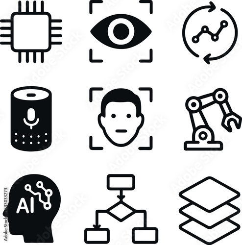 AI icon set featuring network analysis, visual recognition, robotics, facial authentication, voice assistant devices, and AI growth analytics.
