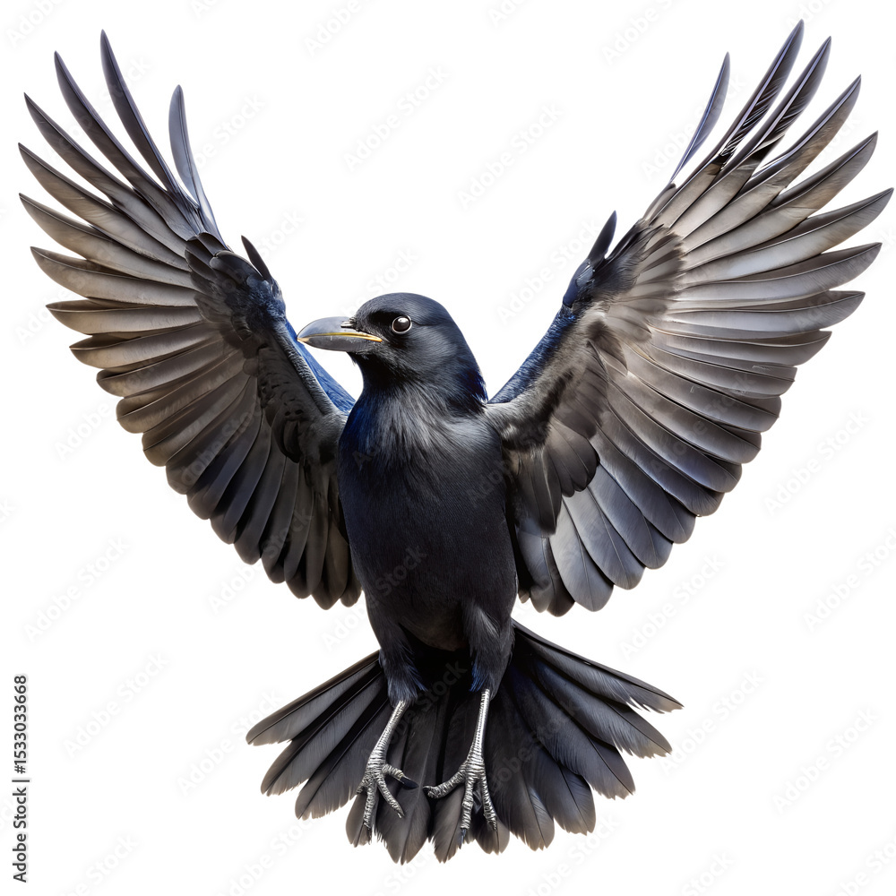 Fototapeta premium black crow with wings spread on white