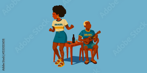 Afro-Brazilian Couple Enjoying Samba and Beer Outdoors – Minimalist Flat Vector Style with Brazilian Colors