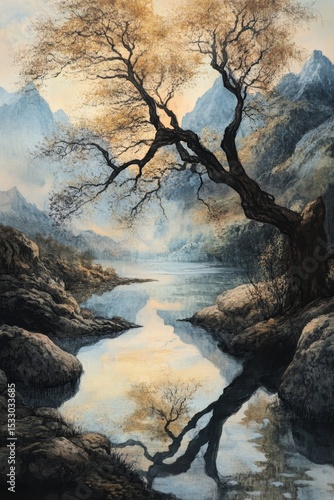 Artistic landscape with a tree reflected in water and mountains in the background.