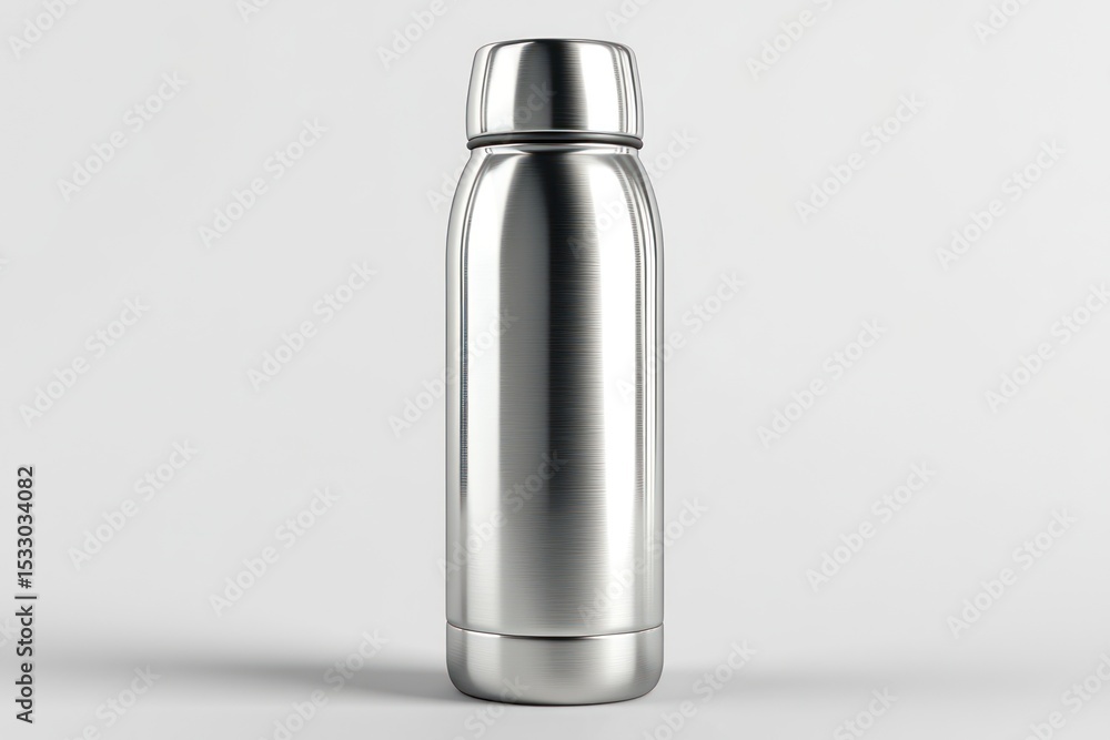 Isolated stainless steel water bottle with cap on a white background in studio lighting Isolated stainless steel water bottle with cap on a white background in studio lighting