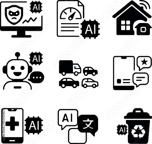 AI icon set focused on cybersecurity, smart homes, transportation automation, AI healthcare, multilingual support, smart logistics, and automated recycling.