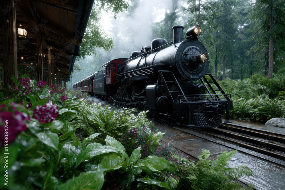 Fototapeta premium Steam locomotive arrives at a serene forest train station during a misty morning
