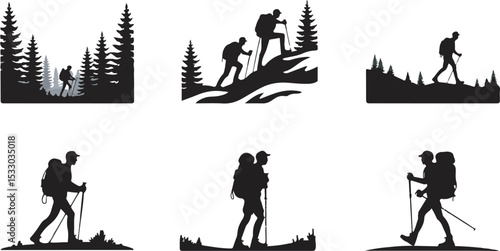 Six Black Silhouettes Hikers Trekking Mountains hiking