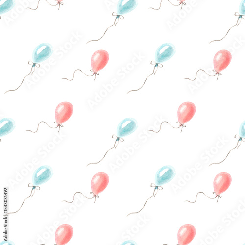 Watercolor hand drawn seamless pattern with balloons on white background