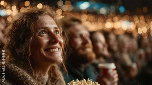 Enthusiastic Crowd Enjoying a Show, Woman Eating Popcorn with Bokeh Lights Background