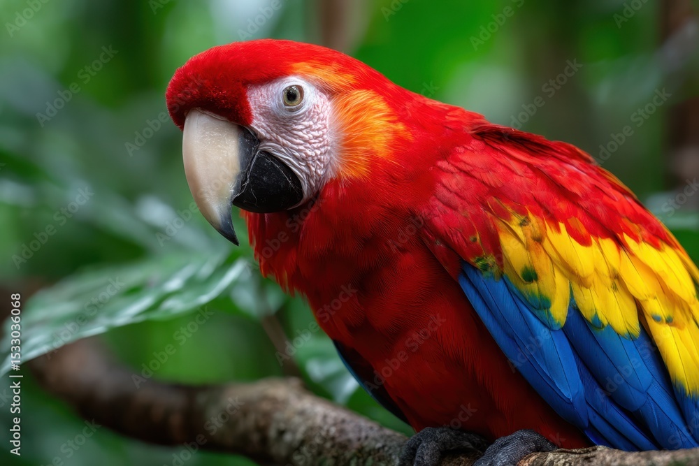Obraz premium Colorful macaw perched on a branch in the tropical rainforest habitat