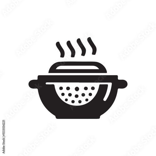 Steaming food in a colander pot, ready for cooking or serving.Simple black and white illustration of a bowl-shaped pot with a colander inside, steam rising from the top.