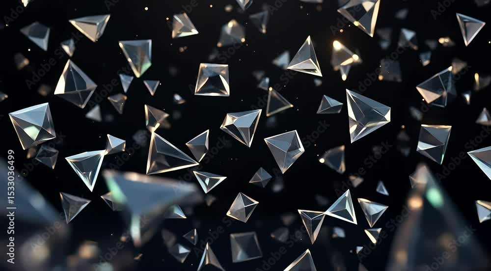 Triangular prisms floating across a dark background, casting soft ...
