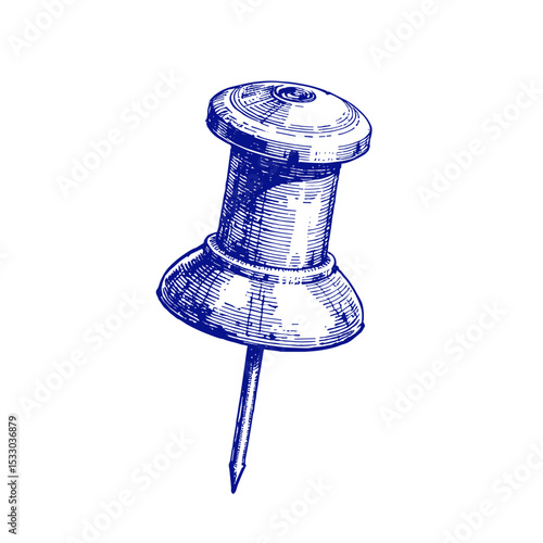 Push pin vintage sketch in blue ink, close-up view of office supply  
