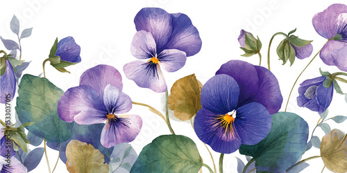 Wallpaper Mural Fleurs violettes. Floral Pattern Watercolor Purple White Flowers Green Leaves Design Background Torontodigital.ca