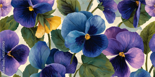 An exquisite arrangement of vibrant purple and white pansies in full bloom. Purple and Blue Pansy Flowers Blooming on White Background