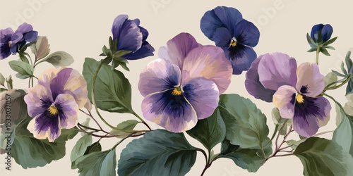 An exquisite arrangement of vibrant purple and white pansies in full bloom. Purple and Blue Pansy Flowers Blooming on White Background