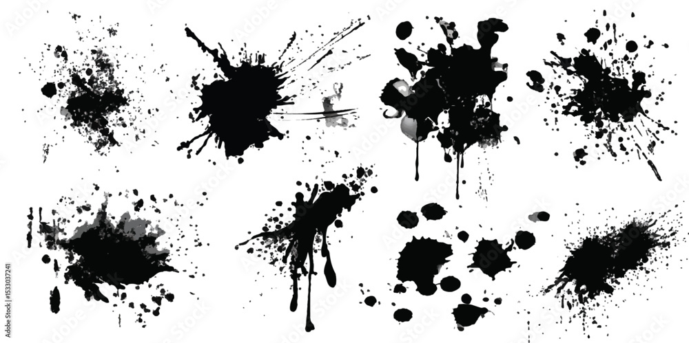 Fototapeta premium Splattered ink halftone texture with rough, random textures and dynamic grunge smears. Dynamic chaos in monochrome splashes; varied sizes and shapes intertwine for an abstract dance on canvas