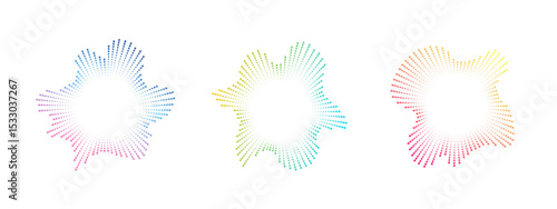 A set of circular multicolor equalizers from bursting rays of musical sound. Radial sound, frequency sound neon waves . Pulsating music design element, circular waves. Vector radial spectrum.