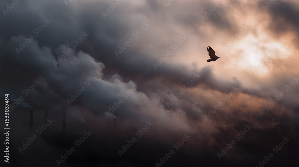 Lone bird soaring over a smoke filled industrial sky Lone bird soaring over a smoke filled industrial sky