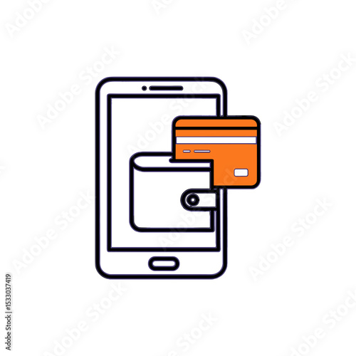 Icon of mobile wallet with orange card peeking out  