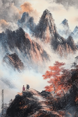 Painting depicting a misty mountain landscape with two figures on a peak.