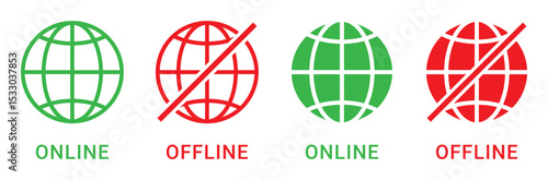 Internet connection online and offline icon. Set of connect and disconnect internet connection icons red and green. Globe icon with no signal and good signal sign symbol. Vector illustration.