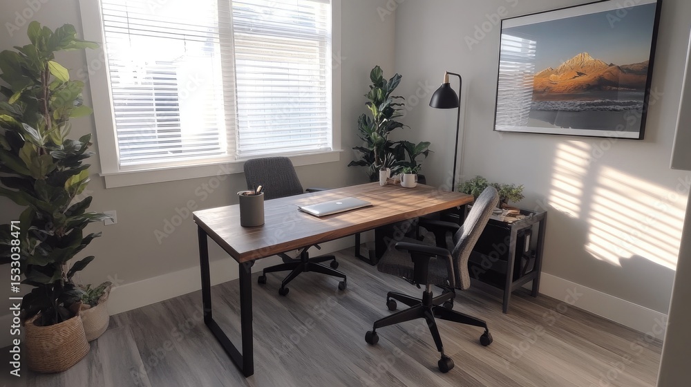 Fototapeta premium Bright and Modern Home Office with Natural Elements and Minimalist Design in Comfortable Workspace Setting