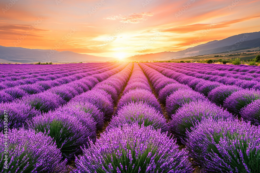 Beautiful lavender field at sunset with warm vibrant colors and a glowing sky in the background Beautiful lavender field at sunset with warm vibrant colors and a glowing sky in the background