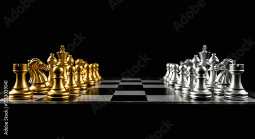 Gold and silver chess pieces arranged on a sleek black background, Generative AI.