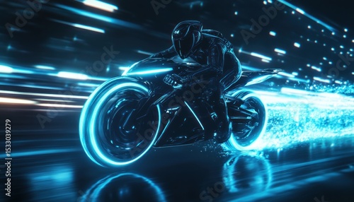 Futuristic motorcycle with glowing blue lights speeding through a dark digital environment design concept