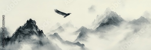 Bird flies over misty mountains in a monochrome landscape painting style.
