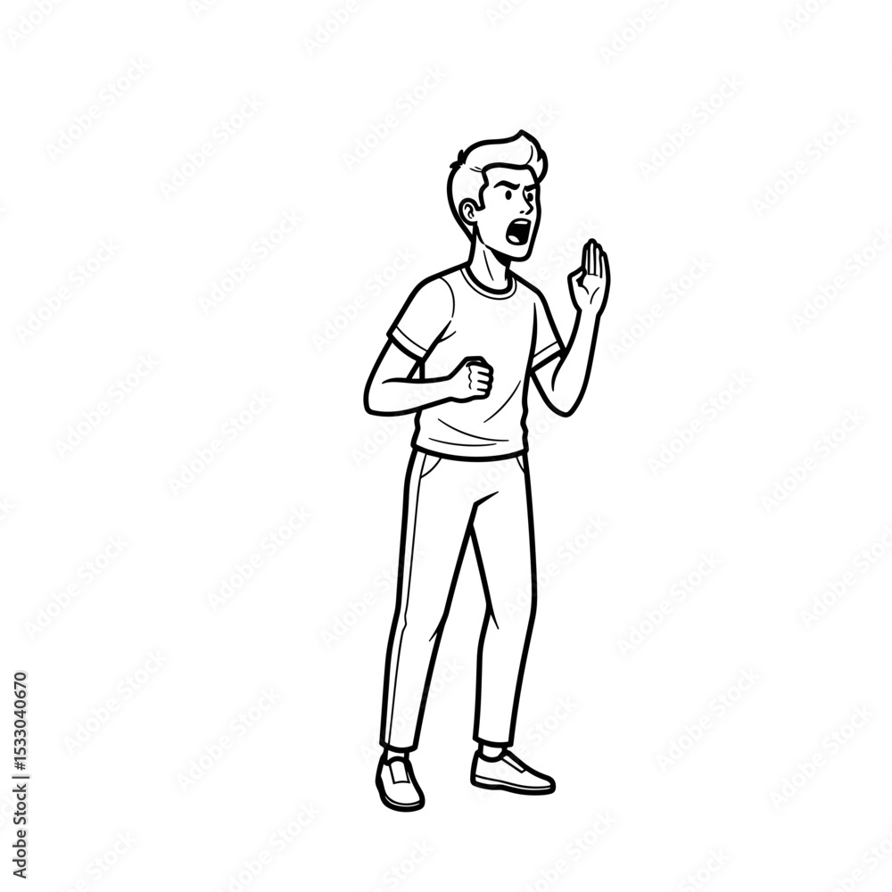 Young man expressing anger while screaming, drawn in simple line art style. Young man expressing anger while screaming, drawn in simple line art style.