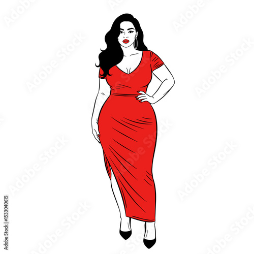 Confident plus-size woman in a red dress, elegant pose, stylish fashion