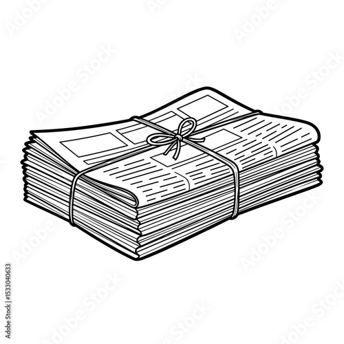 A bundle of newspapers tied with a string in a simple line art style
