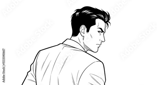 A man turning his head slightly while wearing a suit, viewed from the back in a simple line art style