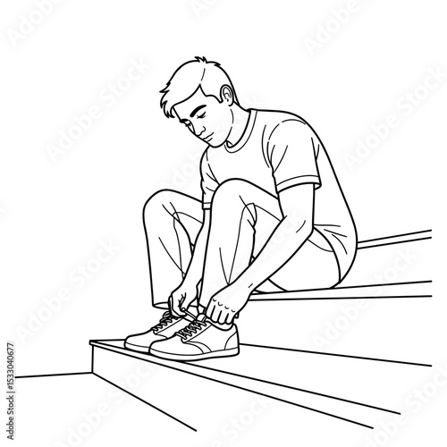 A young man sitting on steps tying his shoes in a simple line art style