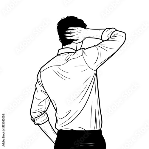 A man adjusting his hair while facing away in a simple line art style
