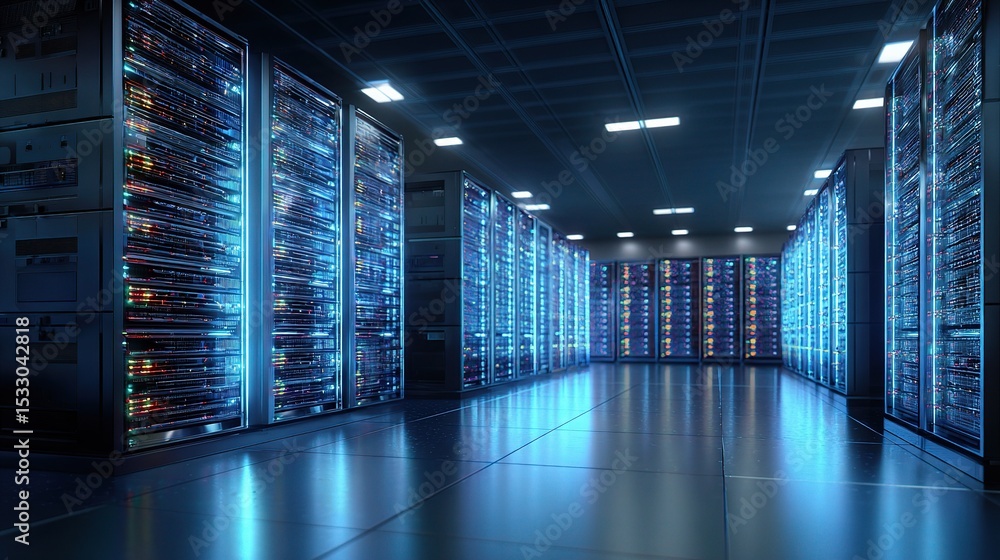 Fototapeta premium Detailed 3D View of a Server Data Center with Stacked Servers